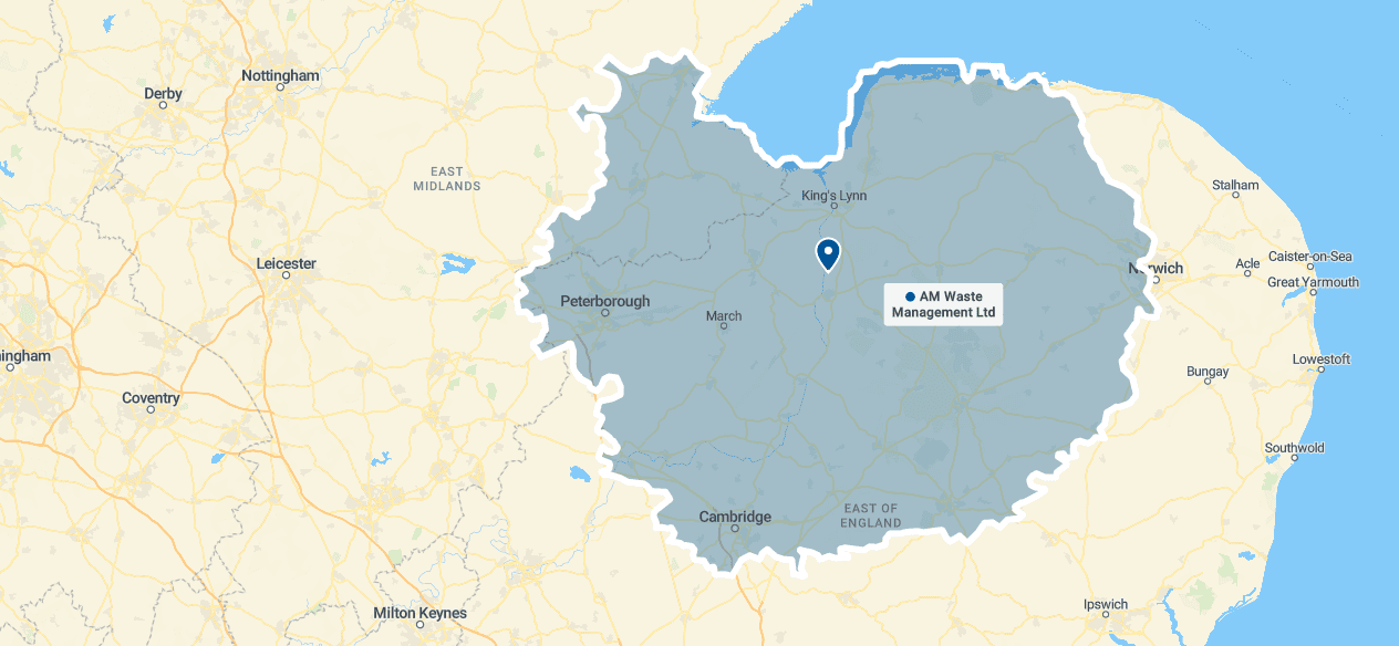 Map showing AM Waste Management drainage service areas in King’s Lynn and surrounding West Norfolk, with the local coverage area highlighted.