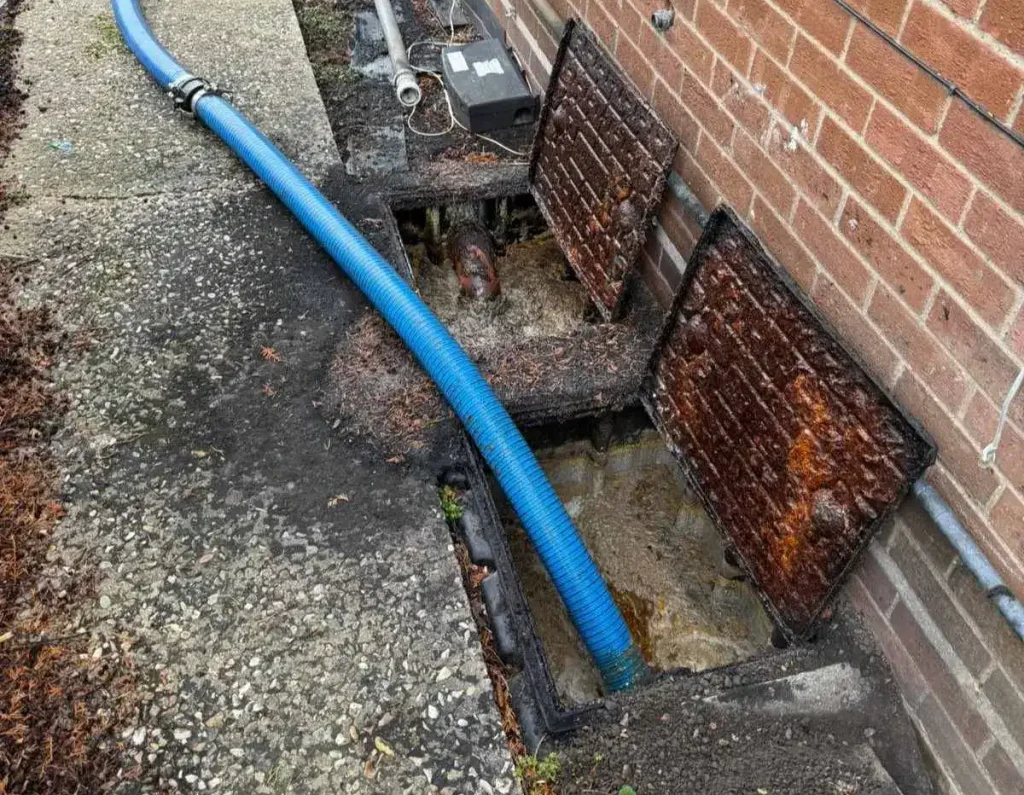 Commercial Drainage King's Lynn grease trap cleaning with a vacuum hose removing wastewater and grease from an external commercial grease trap chamber.