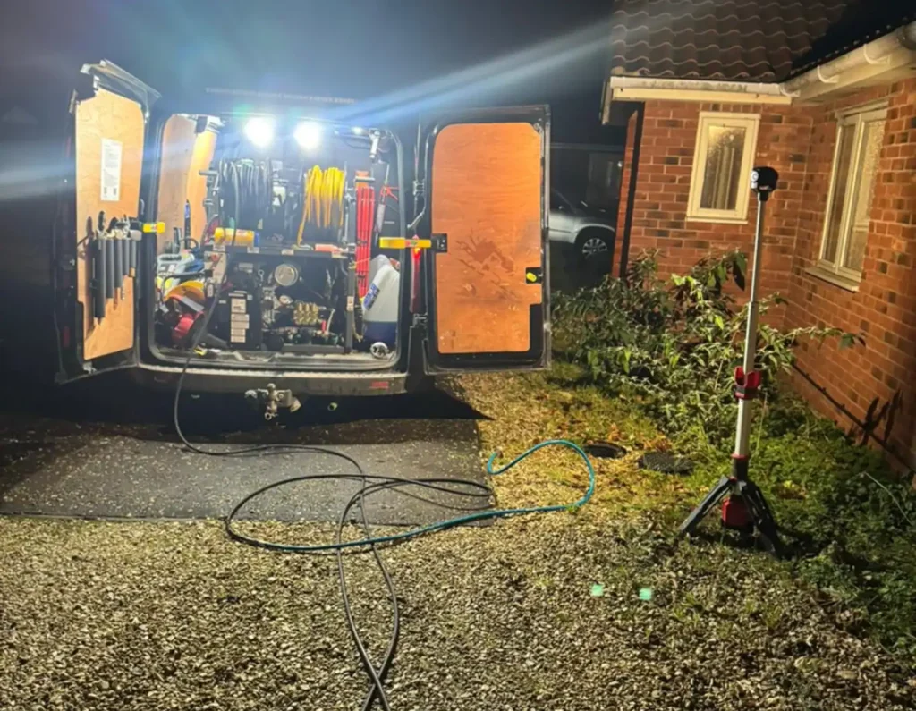 Emergency drainage King's Lynn night-time callout showing a drainage van with rear doors open, specialist equipment illuminated and hoses running across a gravel driveway beside a residential property.
